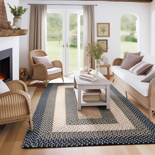 Super Area Rugs 7X9ft Farmhouse Braided Rug - Natural Soft Cotton Carpet for Living Room - Primitive Country Woven Rug - Blue/Cream/Ivory by SuperAreaRugs