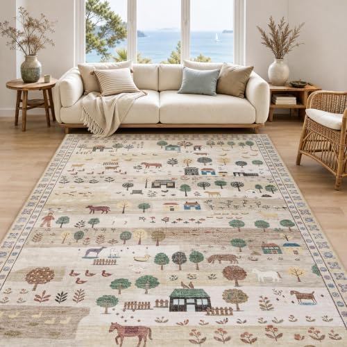 Machine Washable Area Rug 8x10 Ft, Whimsical Rug, Vintage Farmhouse, Beige by SparkleGaze