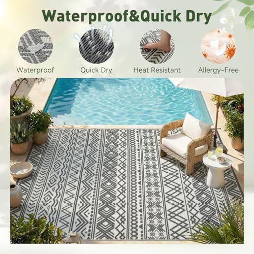 MontVoo Outdoor Rug Carpet Waterproof 5x8 Outdoor Patio Rug Mat Reverisble Plastic Straw Outdoor Rug for RV Camping Picnic Beach Balcony Boho Grey - Image 3