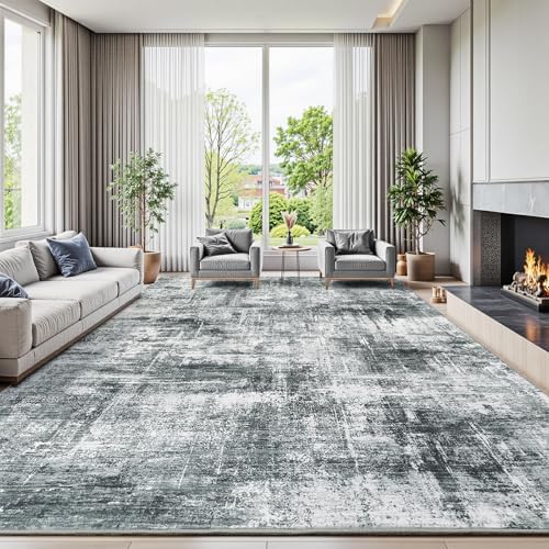 9x12 Area Rug for Living Room, Abstract Washable Non-Slip Large Rugs, Grey by Lofus