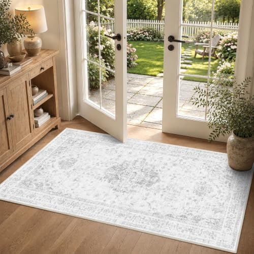 2x4 Washable Kitchen Area Rug Stain Resistant Medallion Gray Door Mat by HOME