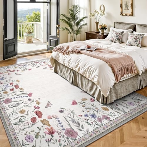5x7 Area Rugs, Rugs for Bedroom, Indoor Non-Slip Washable Rug for Living Room, Dining Room, Low Pile Home Decor Floral Rug(Classic Beige) - Image 3
