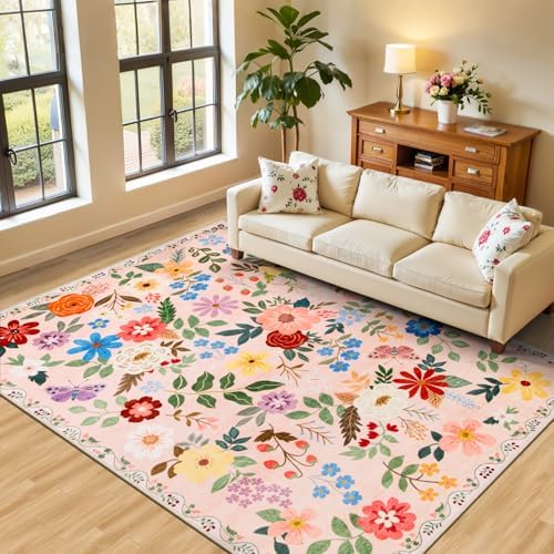 PLHXFR 6x9 Area Rug Living Room: Floral Washable Boho Soft Carpet Beige by PLHXFRSoftAreaRugs