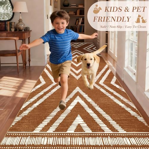 Boho 4x10 Hallway Runner Rugs Non Slip, Long Brown Washable Farmhouse Kitchen Rug Runners Non Shedding, Moroccan Floor Carpets for Bedroom Entryway Living Room Home Decor - Image 3
