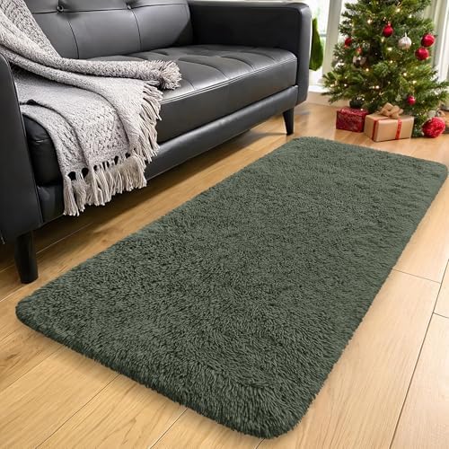 OLANLY 2x5 Machine Washable Runner Rugs for Hallway, Soft Fluffy Shaggy Bedside Rugs for Bedroom, Living Room, Indoor Floor Carpet for Kids Girls and Boys, Home Decor Aesthetic, Olive Green - Image 3