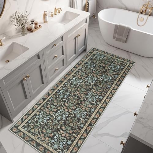 Non Slip 2x6 Kitchen Runner Rug Washable, Hallway Runner Rugs, Boho Vintage Floral Gold Black Non Skid Carpet Stain Resistance Ultra Soft Low Pile for Entryway, Bathroom Mats for Floor - Image 5