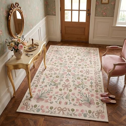 3x5 Pink and Green Floral Butterfly Bow Area Rug for Living Room by Unknown