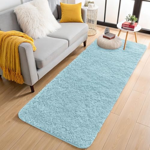 OLANLY 2x4 Machine Washable Runner Rugs for Hallway, Soft Fluffy Shaggy Bedside Rugs for Bedroom, Living Room, Indoor Floor Carpet for Kids Girls and Boys, Home Decor Aesthetic, Light Blue - Image 3