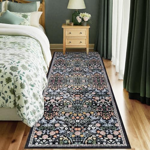 PLHXFR 2x5 Washable Runner Rug：Floral Indoor Kitchen Carpet Dark Black - Image 2