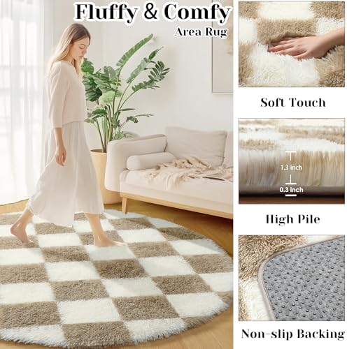 KICMOR Round Rugs 5ft for Bedroom Living Room, Fluffy Soft Circle Area Rug Fuzzy Shag Shaggy Carpet, Beige and Cream White Checkered Circular Rug for Kids Girls Boys Nursery Home Decor Aesthetic - Image 2
