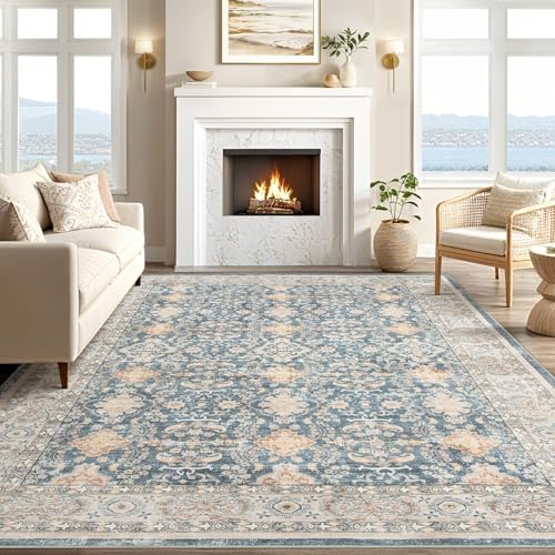 cotiled 10x12 Area Rug for Living Room, Washable, Traditional, Dark Blue - Image 5