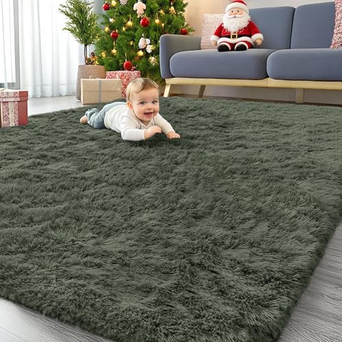 OLANLY 8x10 Machine Washable Large Area Rugs for Living Room, Bedroom, Soft Fluffy Shaggy Bedside Rug, Indoor Floor Carpet for Kids Girls and Boys, Dorms, Nursery, Home Decor Aesthetic, Olive Green by OLANLY