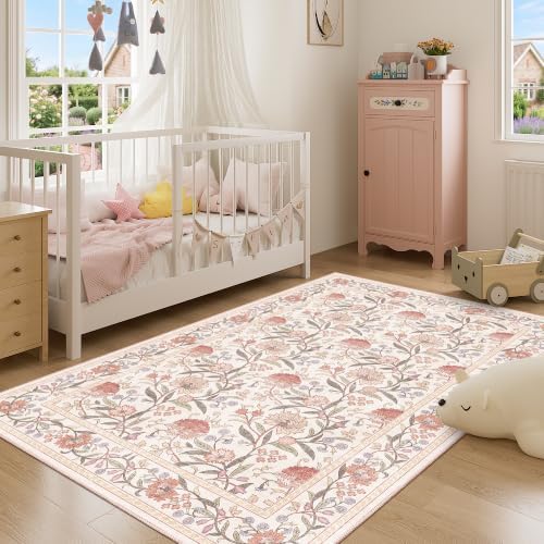 DUKINO 4x6 Area Rug, Washable Vintage Floral Rug for Living Room Beige Pink - Image 3