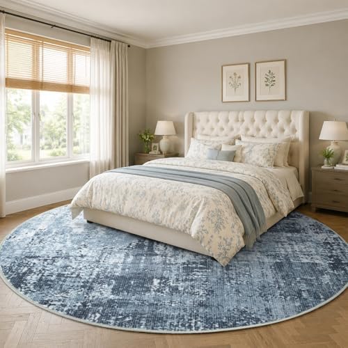 4ft Round Abstract Washable Area Rug for Living Room Blue - Image 3