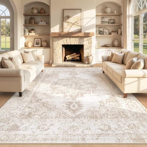 Area Rug 8x10 Vintage Rug: Large Washable Indoor Medallion Rugs Low Pile Distressed Floor Carpet Retro Accent Rug for Living Room Bedroom Kitchen Dining Table Home Office(Beige, 8'x10') by ZomfyRugs