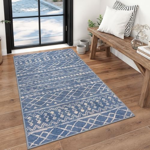 KUTA 3x5 Boho Area Rug for Living Room Blue Beige Washable Entry Rugs by KUTA
