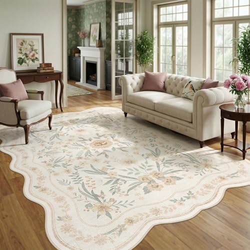 Scalloped Floral Rug 8x10, Neutral Beige Washable Non Slip Large Area Rug for Living Room, Soft Low Pile Cream Cottagecore Rug for Bedroom, Dining Room,Nursery, Farmhouse Home Office by Dadasgk