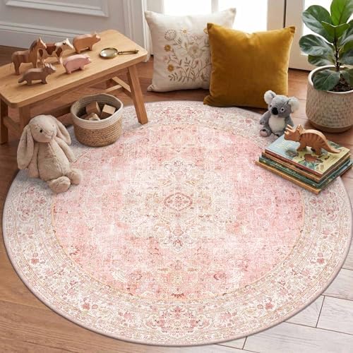 4ft Pink Round Area Rug for Girl Bedroom Washable Cute Circle Rug by LatteFog