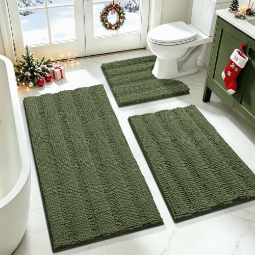 ACCUMTEK Christmas Striped Oliver Green Bathroom Rug Set 3 Pieces Ultra Soft, Non Slip Chenille Toilet Mat, Absorbent Plush Shaggy Bath Mats for Bathroom, Bedroom, Kitchen by ACCUMTEK