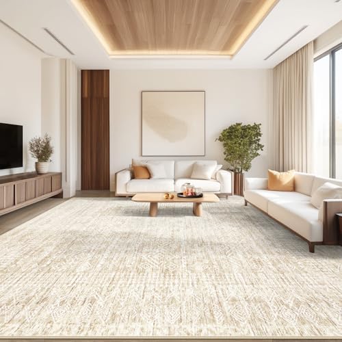 Living Room Rugs 10x14: Washable Moroccan Geometric Boho Rug Farmhouse Non Slip Stain Resistant Large Rug Low Pile Soft Carpet for Bedroom Dining Room Kids Room (Beige,10x14) - Image 3
