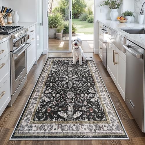 4x6 Kitchen Rug Non-Slip Washable – Boho Vintage Low-Pile Soft Area Carpet for Entryway, Bedroom, Living Room – Stain-Resistant Thin Indoor Rug for Families and Pet Owners (Black, 4x6) by BYYVOORugsforYourHome