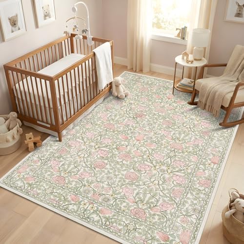 GarveeHome Pink Green Beige Floral 3x5 Area Rug for Nursery Bedroom - Image 2