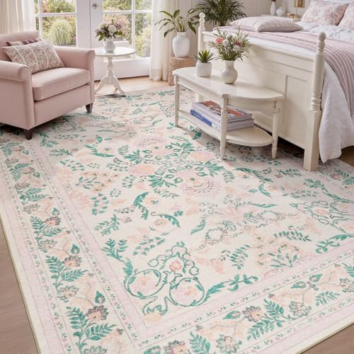 DCX Washable 8x10 Pink Rug, Floral Rug for Girl’s Bedroom by DCXWashableRug