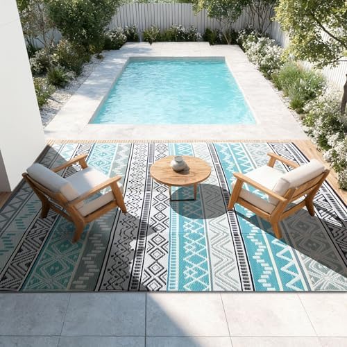 Outdoor Rug 6 x9 ft, Plastic Rug for Patio, Blue & Grey - Image 3