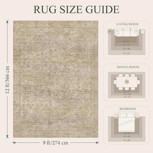 9x12 Washable Boho Area Rug, Dark Beige Farmhouse for Living Room - Image 2