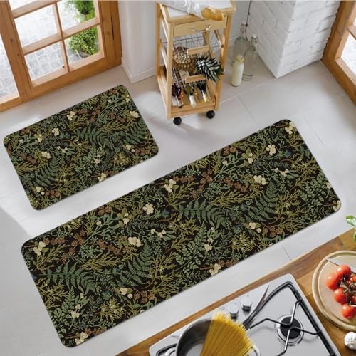 Vintage Black and Green Botanical Kitchen Rugs Sets of 2 Non Slip Washable, Fern and Leaves Kitchen Mats for Floor 2 Piece Home Decor - Image 6