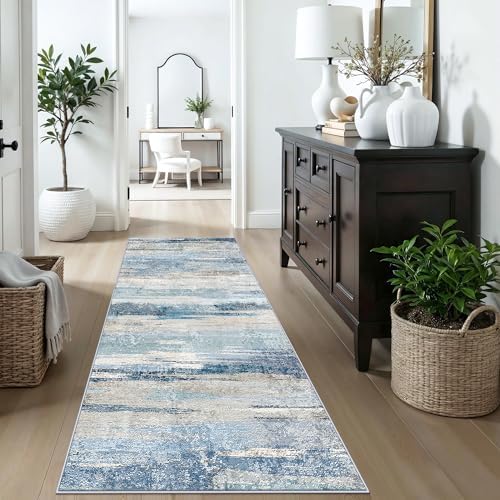 Abstract Kitchen Runner Rug 3x7 - Indoor Washable Non Slip Carpet for Entryway Hallway Stain Resistant Rugs for Bedroom Modern Abstract Lightweight Home Decor Floor Mat for Pet Owners 3x7 Blue - Image 3