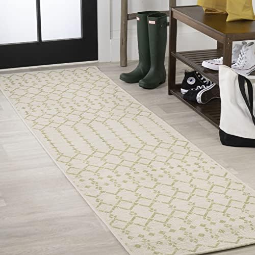 JONATHAN Y Moroccan Geometric Indoor Outdoor Runner Rug 2X10 Cream/Green, Ourika Textured Weave for Backyard, Patio, Porch, Easy-Cleaning, High Traffic, Pet-Friendly, Non-Shedding (SMB108M-210) by JONATHANY