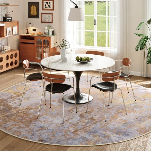 Beige Gold Round Area Rugs 4ft Washable Circle Rug for Entryway Kitchen, Non Slip Soft Low Pile Stain Resistant, Boho Circular Carpet for Living Room Bedroom Dorm Dining Room Table, Abstract Tan - Image 4