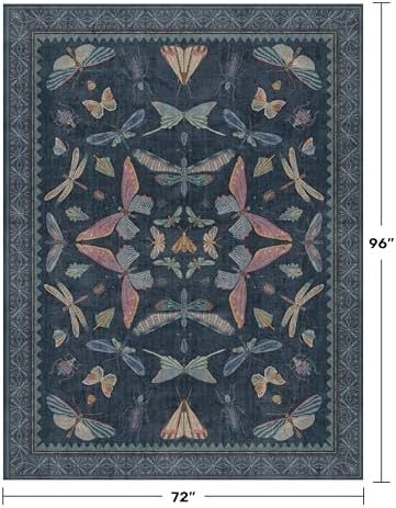 Navy Blue 6x8 Boho Rug for Living Room, Stain Resistant Non Slip Area Rug for Dining Room & Bedroom, Dark Vintage Insect Carpet, Soft Low Pile - Image 2