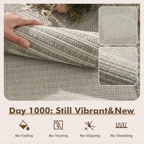 MontVoo-Outdoor Rug Carpet Patio Rug 5x7 ft Polypropylene Indoor Outdoor Rugs for Patio Deck Balcony Porch, Textured Weave, Durable for High Traffic, Fade-Resistant, Boho Geometric Silver Grey - Image 2
