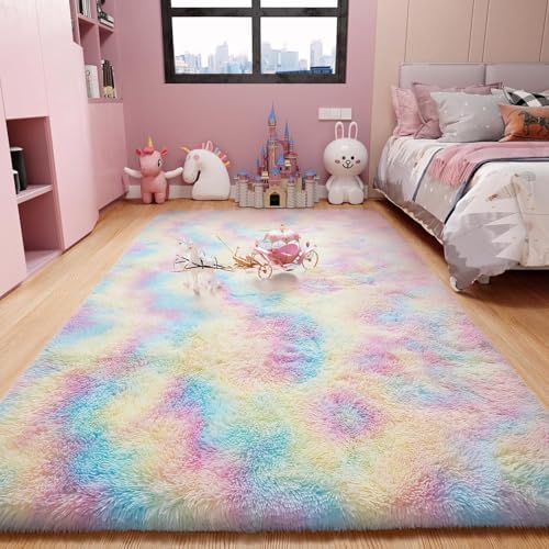 Ophanie Soft Fluffy Shaggy Rugs for Bedroom Living Room Dorm Nursery Home Decor Aesthetic,Color Light Rainbow,Size 4' x 6' by Ophanie