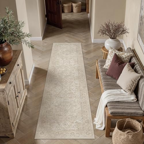 HUGEAR Beige Cream 2x8 Runner Rug Washable Vintage Indoor Carpet by HUGEAR