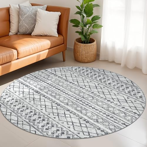KUTA Boho Round Washable Rugs 5Ft Grey Moroccan Circle Area Rug - Image 4