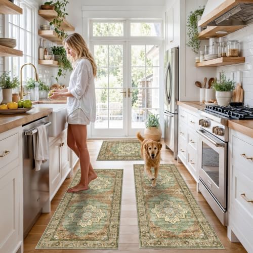 Boho Kitchen Rug Set of 3: Non-Skid Washable Kitchen Mats for Floor Soft Low Pile Kitchen Rugs and Runner for Entryway Bathroom Hallway Indoor Small Carpet Home Decor for Laundry (Green,2x3+2x4+2x5) - Image 3