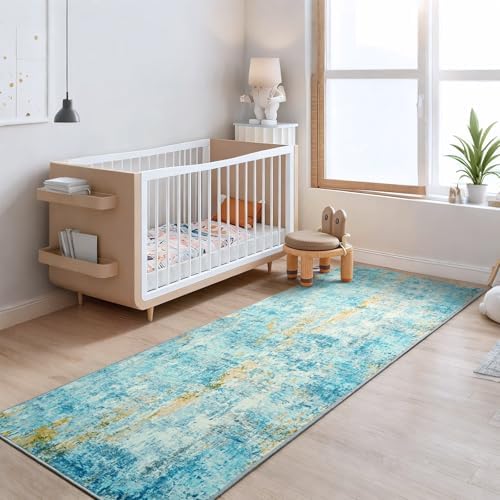 2x6 Teal Blue Rug Runners for Hallways Kitchen Runner Rug Non Slip Washable Long Runner Rugs with Rubber Backing Soft Abstract Carpet Runner for Bedroom, Kitchen, Bathroom, Entryway - Image 2