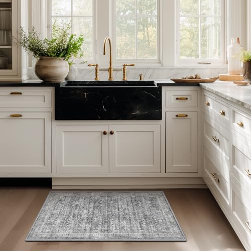 Grey Entryway Rug Indoor, 2x3 Small Door Rugs for Entry Way/Kitchen/Bathroom, Washable Non Slip Low Pile Thin Door Mat Indoor Entrance, Vintage Neutral Gray and Ivory Rug with Decorative Fringe - Image 4