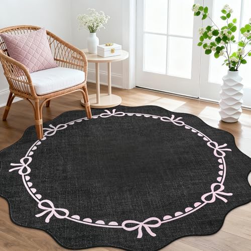 GarveeHome 5ft Round Rugs Washable Scalloped Bow Rug for Bedroom Black Pink - Image 2