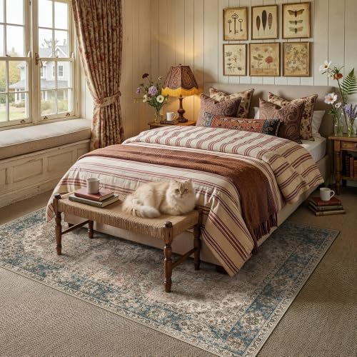 HUGEAR 5x7 Blue Brown Retro Floral Washable Area Rug for Living Room - Image 2