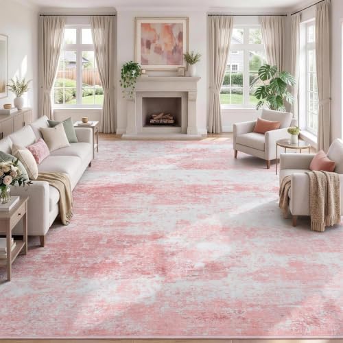 9x12 Area Rug for Living Room, Abstract Washable Large Rugs, Dusty Pink by Lofus