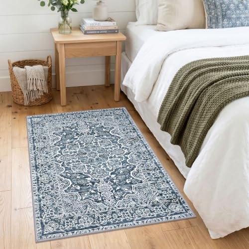 KUTA 3x4 Entryway Rug Vintage Floral Washable Area Rugs Blue White - Image 3