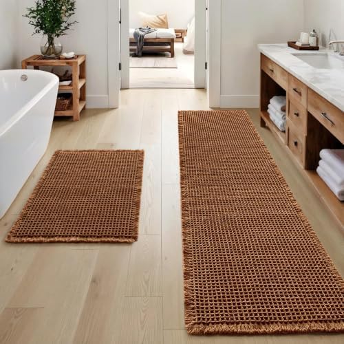 MIULEE Set of 2 Waffle Bathroom Rugs Boho Bath Mat Caramel 17"x24"+17"x48" by MIULEE