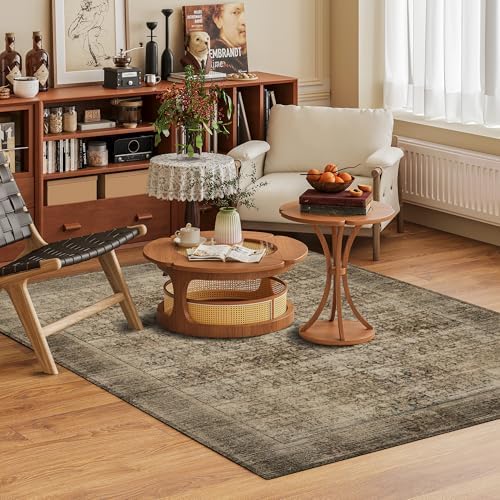 Washable Area Rug 4' x 6' Vintage Traditional Persian Mat - Foldable Distressed Non-Slip Machine Washable Carpet for Living Room Bedroom Kitchen Home Decor - Mocha and Taupe - Image 2