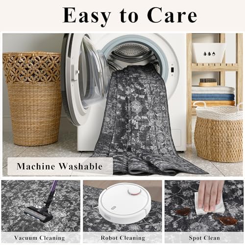 2x6 Washable Kitchen Runner Rug Non-Slip Vintage Black Throw Carpet - Image 6