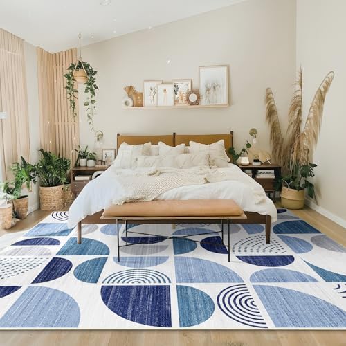 MUJOO Washable Rug 8x10 Blue,Large Area Rugs Non Slip Modern Abstract Boho - Image 2