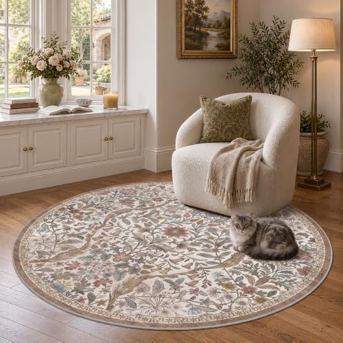 Round Rug 4ft Floral Circle Rug Green Botanical Indoor Area Rugs - Image 2